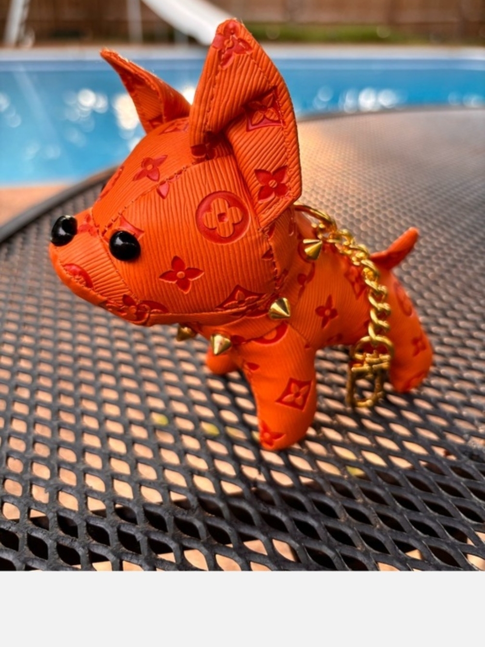 Orange Epi Leather Frenchie Dog Charm with Gold Studded Chain Adorable - Picture 3 of 8